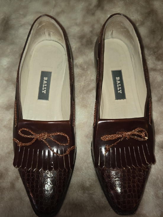 Bally Shoes - Bally Brown Leather Loafers Snakeskin Embossed Toe Tassel Fringe Flats